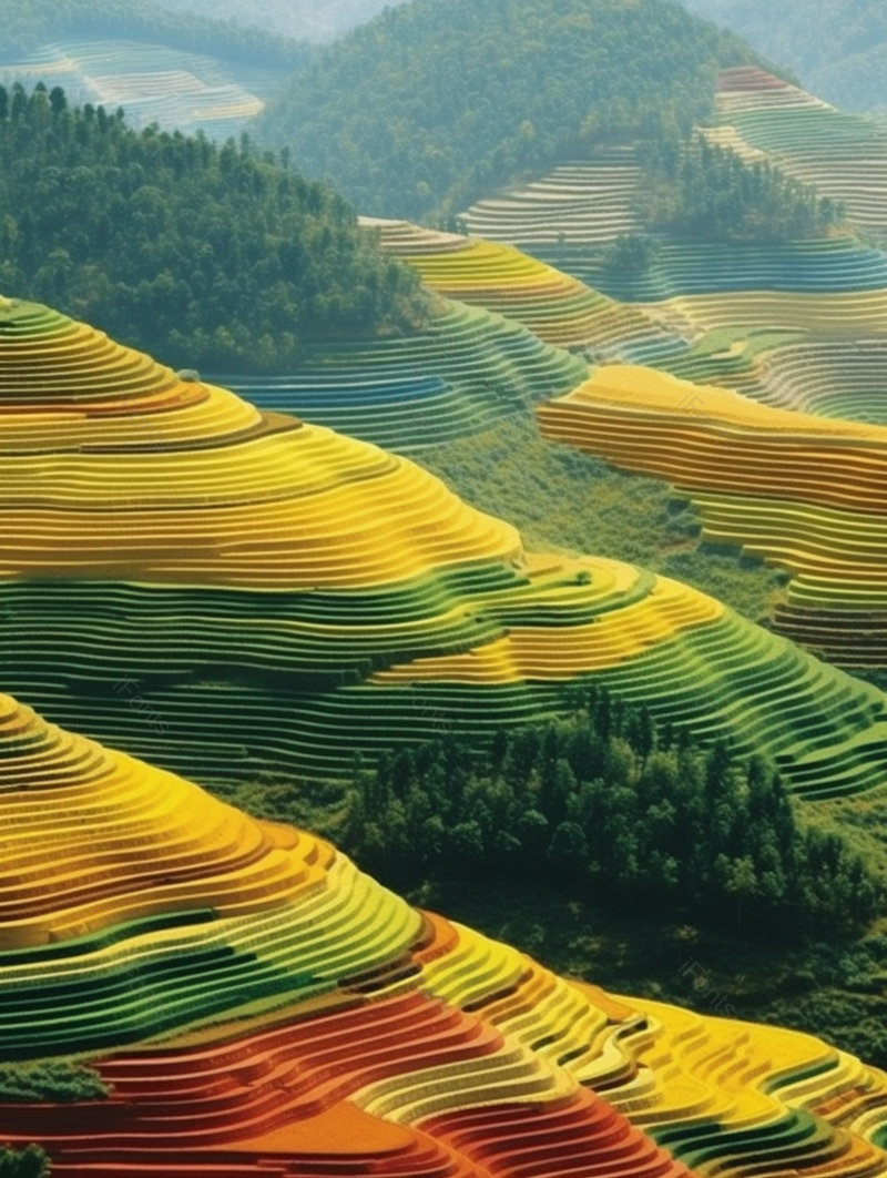 黄色绿色梯田唯美插画背景,插画/手绘图,插画/手绘图库,插画/手绘图下载,插画/手绘